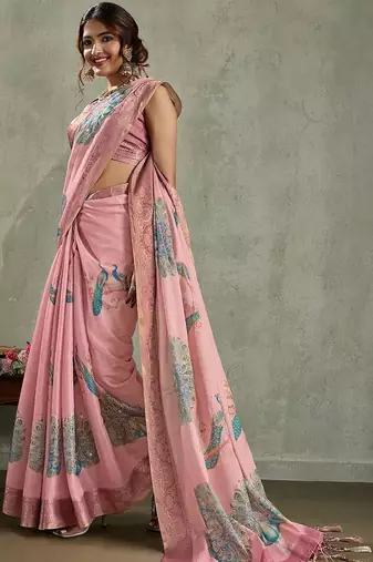 Pink ethnic motifs peacock printed aari work tissue saree