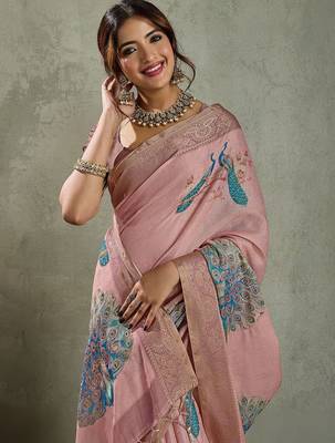 Pink ethnic motifs zari tissue saree with unstitched blouse piece 1