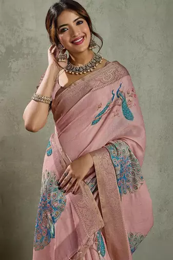 Pink ethnic motifs zari tissue saree with unstitched blouse piece