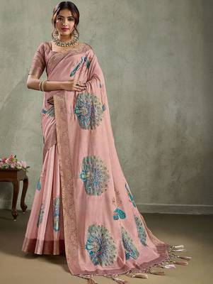 Pink ethnic motifs zari tissue saree with unstitched blouse piece 2