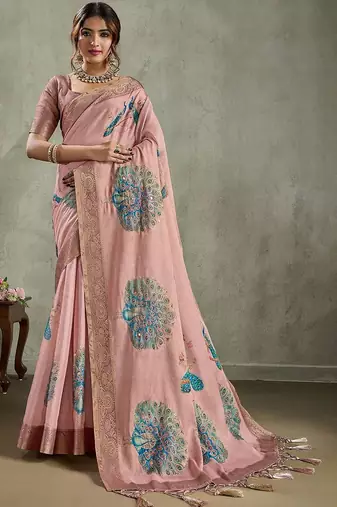 Pink ethnic motifs zari tissue saree with unstitched blouse piece