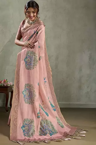 Pink ethnic motifs zari tissue saree with unstitched blouse piece