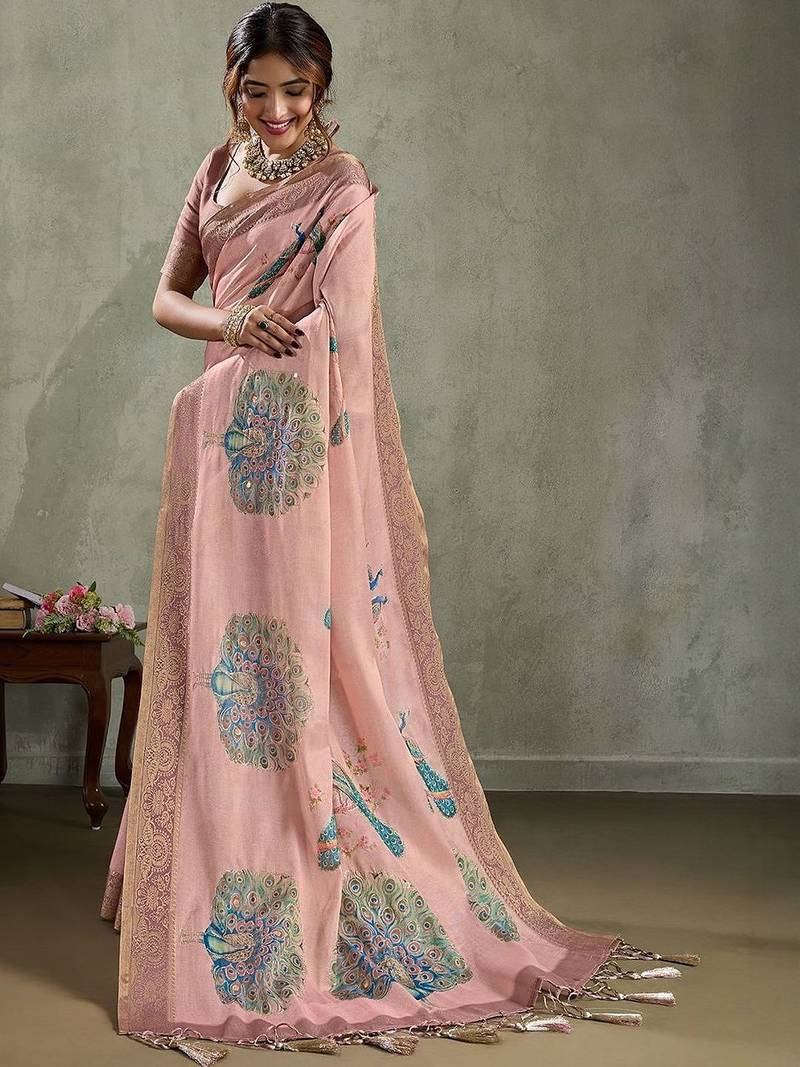 Pink ethnic motifs zari tissue saree with unstitched blouse piece