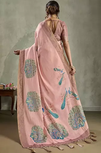 Pink ethnic motifs zari tissue saree with unstitched blouse piece