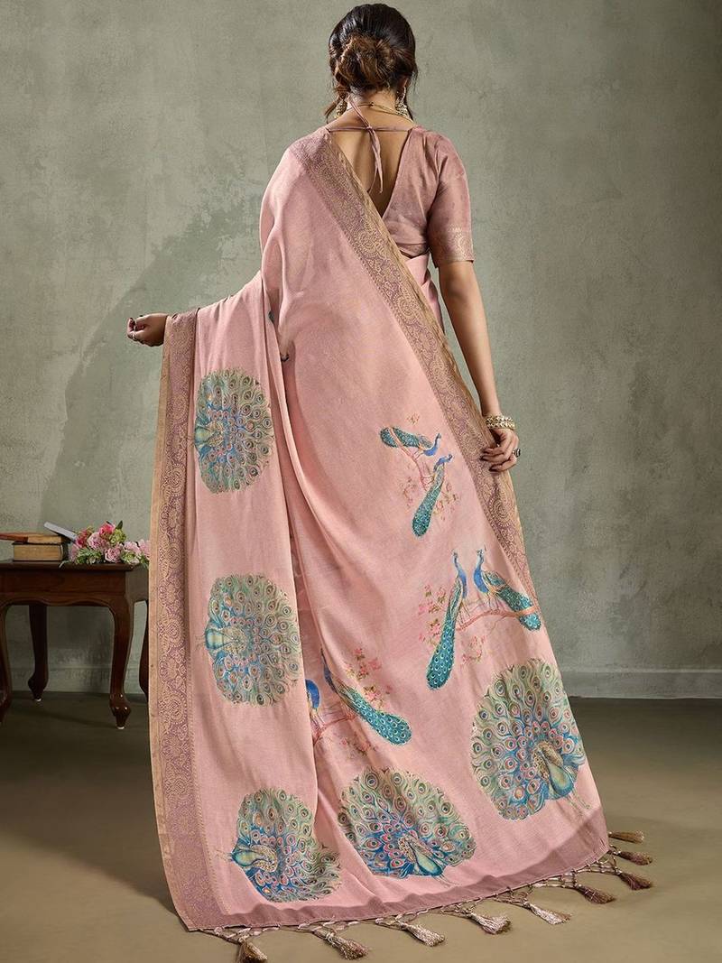 Pink ethnic motifs zari tissue saree with unstitched blouse piece