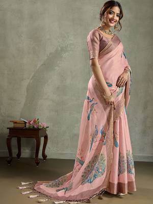 Pink ethnic motifs zari tissue saree with unstitched blouse piece 5