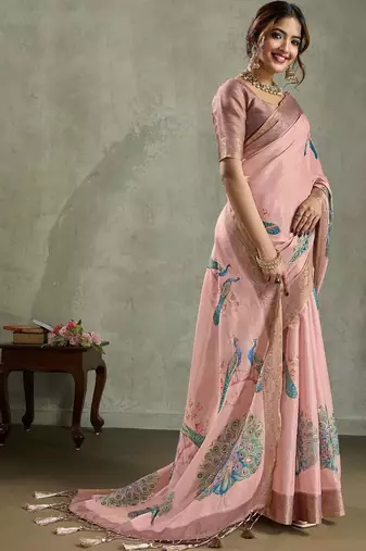 Pink ethnic motifs zari tissue saree with unstitched blouse piece
