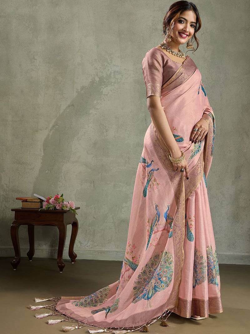 Pink ethnic motifs zari tissue saree with unstitched blouse piece