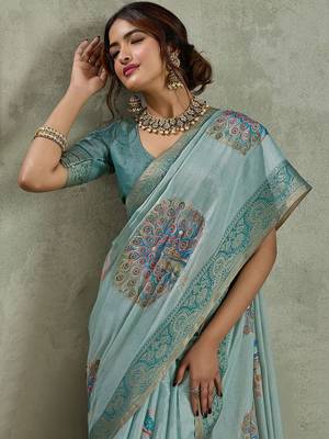 Sea green ethnic motifs sequinned tissue saree 1