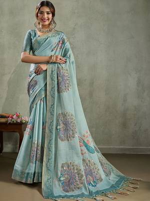 Sea green ethnic motifs sequinned tissue saree 2