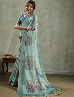 Sea green ethnic motifs sequinned tissue saree 3