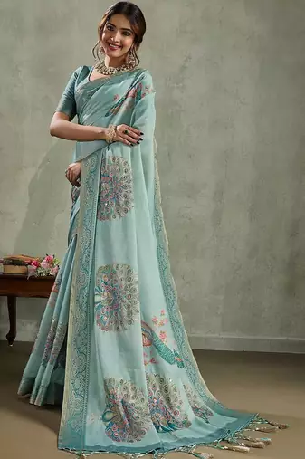 Sea green ethnic motifs sequinned tissue saree