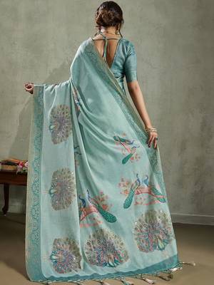 Sea green ethnic motifs sequinned tissue saree 4