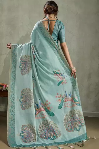 Sea green ethnic motifs sequinned tissue saree