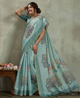 Sea green ethnic motifs sequinned tissue saree 5