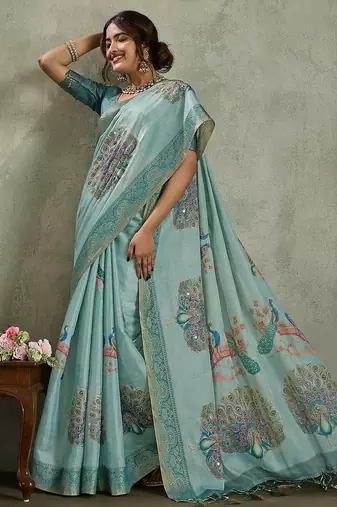 Sea green ethnic motifs sequinned tissue saree