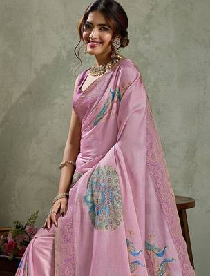 Pink ethnic motifs printed aari work tissue kanjeevaram saree 1