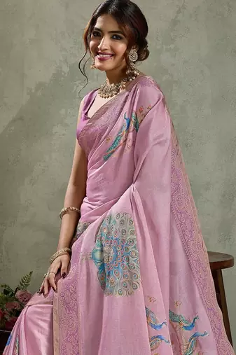 Pink ethnic motifs printed aari work tissue kanjeevaram saree