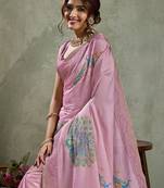 Pink ethnic motifs printed aari work tissue kanjeevaram saree