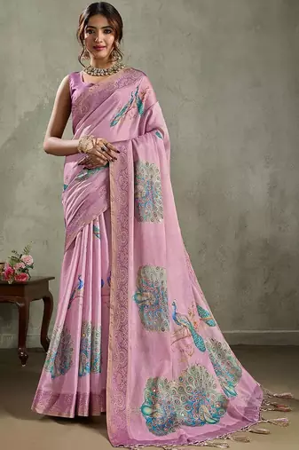 Pink ethnic motifs printed aari work tissue kanjeevaram saree