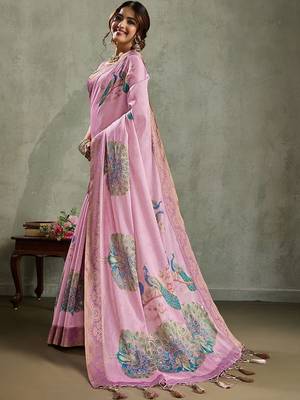 Pink ethnic motifs printed aari work tissue kanjeevaram saree 3