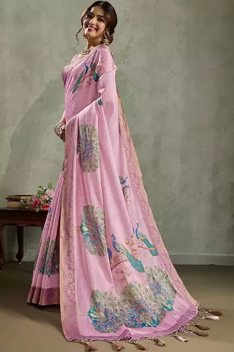 Pink ethnic motifs printed aari work tissue kanjeevaram saree