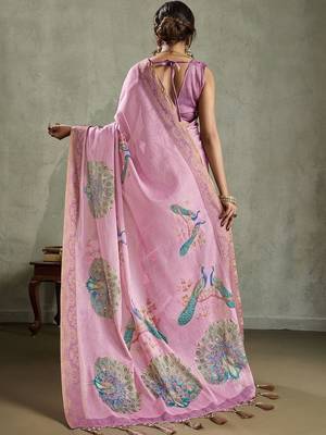 Pink ethnic motifs printed aari work tissue kanjeevaram saree 4