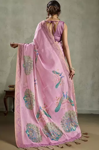 Pink ethnic motifs printed aari work tissue kanjeevaram saree