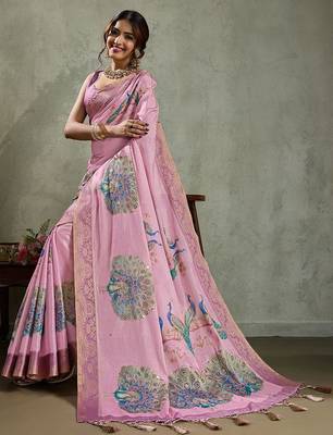 Pink ethnic motifs printed aari work tissue kanjeevaram saree 5