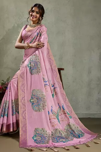 Pink ethnic motifs printed aari work tissue kanjeevaram saree