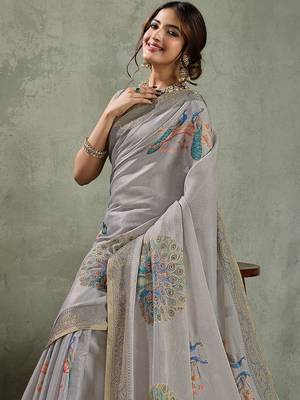 Grey peacock printed aari work tissue saree 1