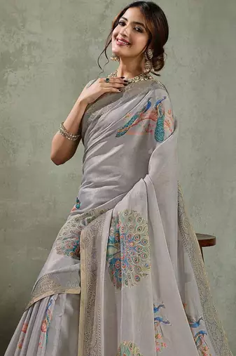 Grey peacock printed aari work tissue saree