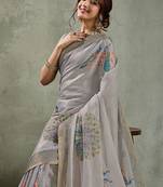 Grey peacock printed aari work tissue saree