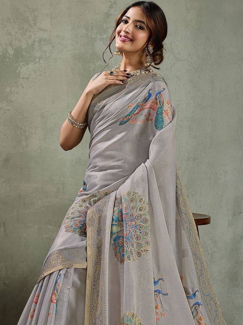 Grey peacock printed aari work tissue saree