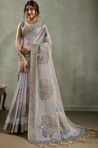 Grey peacock printed aari work tissue saree