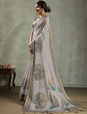 Grey peacock printed aari work tissue saree 3