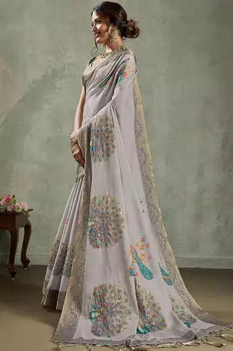 Grey peacock printed aari work tissue saree