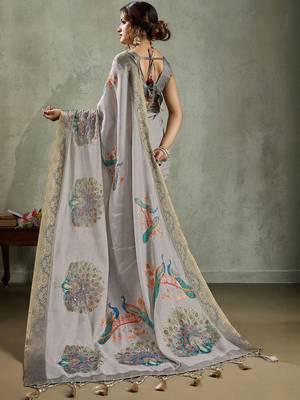 Grey peacock printed aari work tissue saree 4
