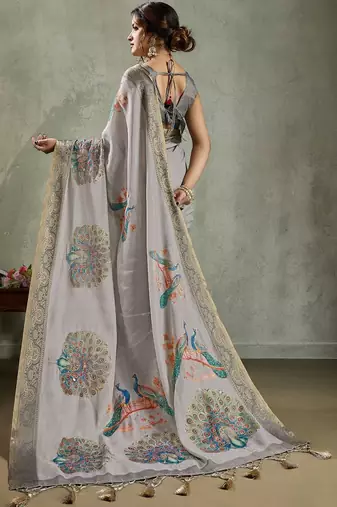 Grey peacock printed aari work tissue saree
