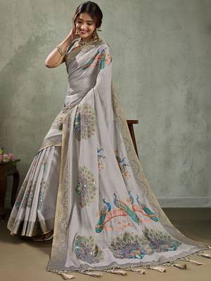 Grey peacock printed aari work tissue saree 5