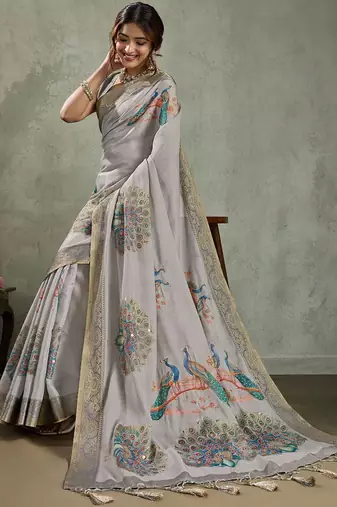Grey peacock printed aari work tissue saree