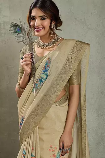 Beige ethnic motifs woven design zari tissue saree