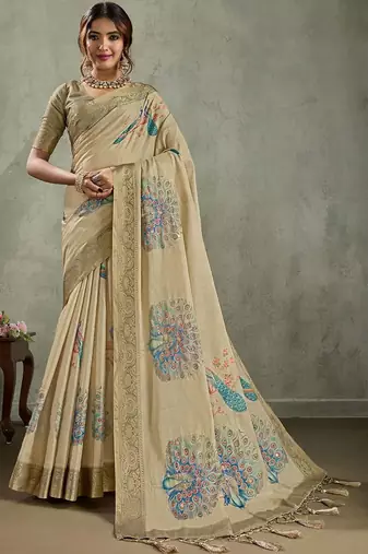 Beige ethnic motifs woven design zari tissue saree