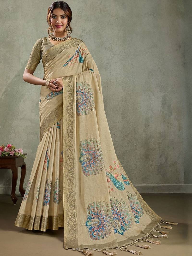 Beige ethnic motifs woven design zari tissue saree