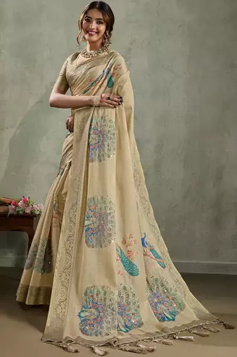 Beige ethnic motifs woven design zari tissue saree