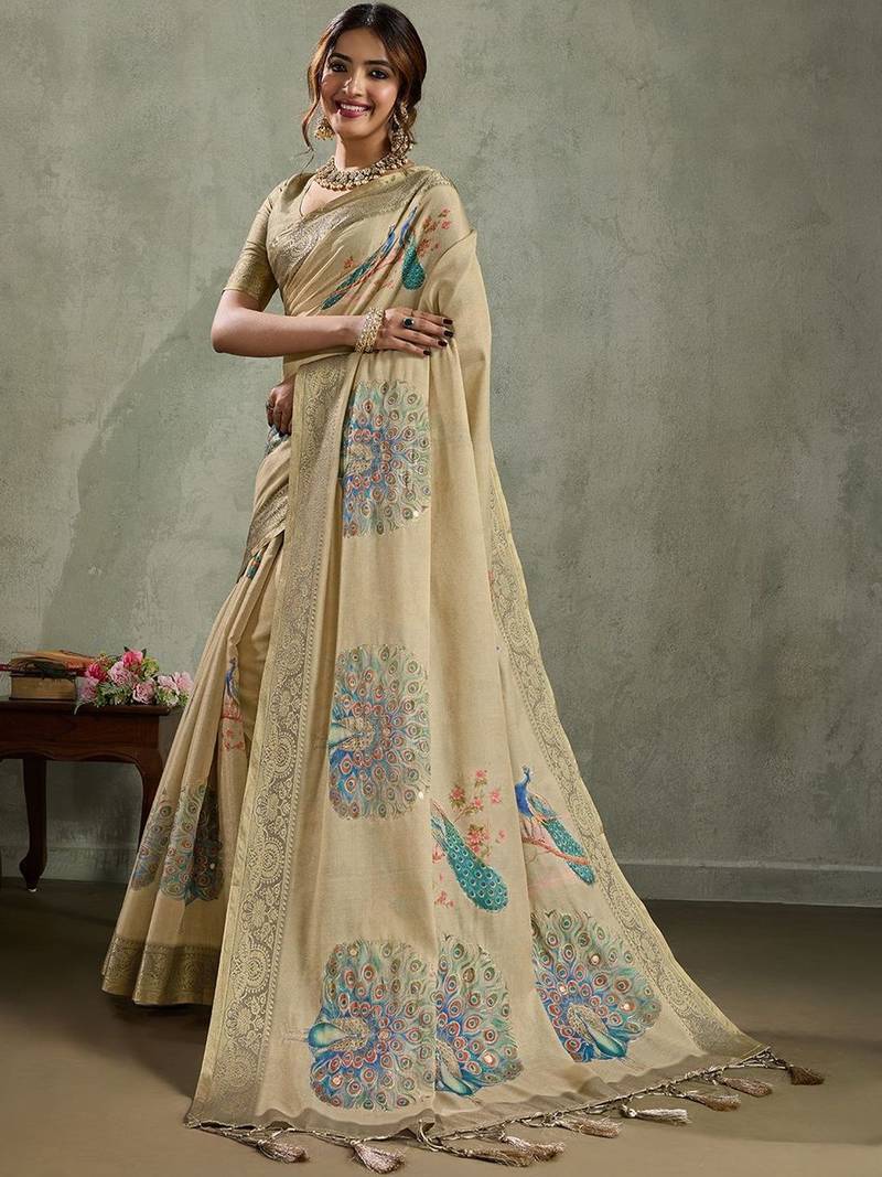 Beige ethnic motifs woven design zari tissue saree