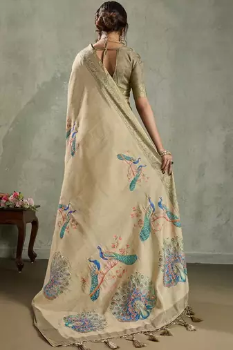 Beige ethnic motifs woven design zari tissue saree
