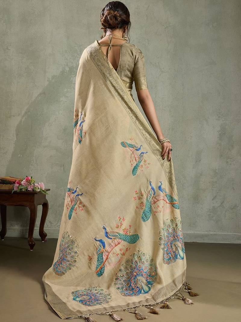 Beige ethnic motifs woven design zari tissue saree