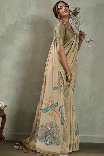 Beige ethnic motifs woven design zari tissue saree