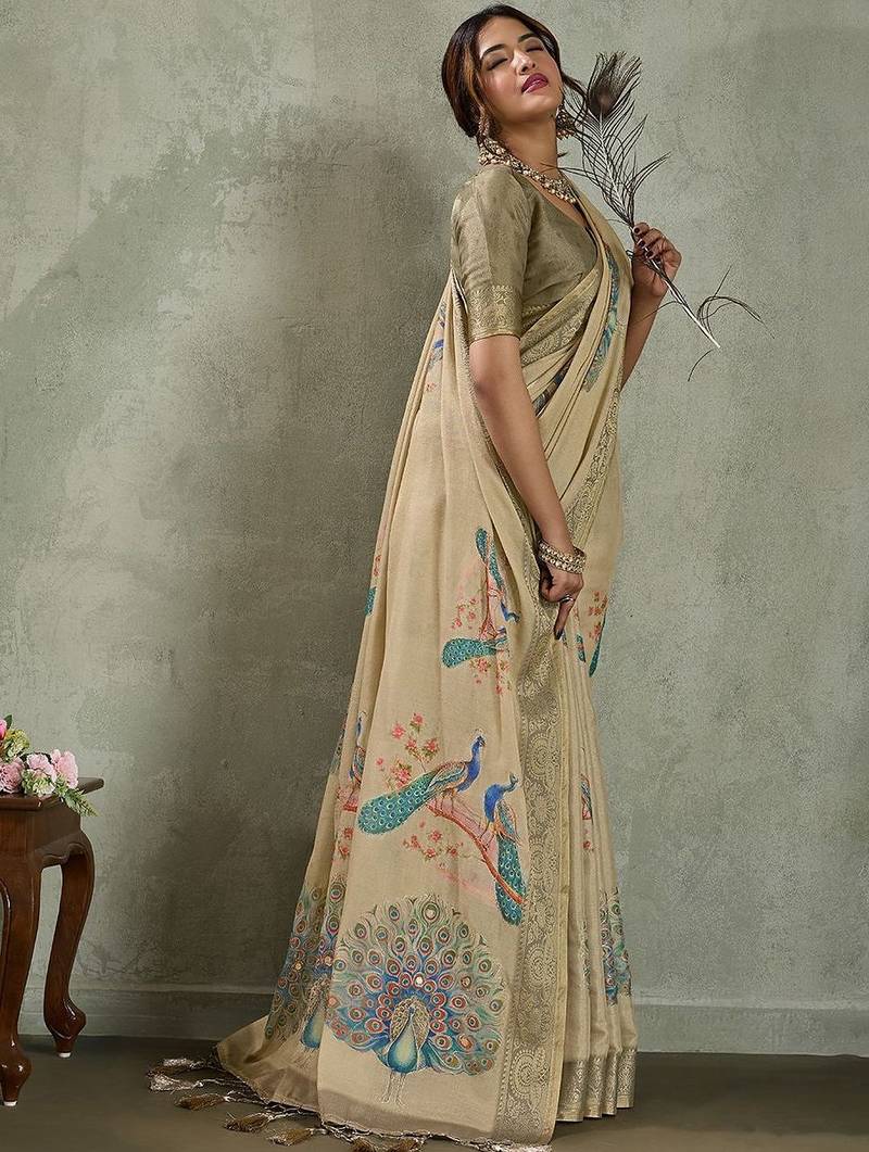 Beige ethnic motifs woven design zari tissue saree